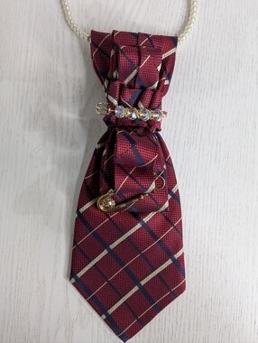 Pearl-Accent Burgundy Plaid Bow Necklace with Gold Charm